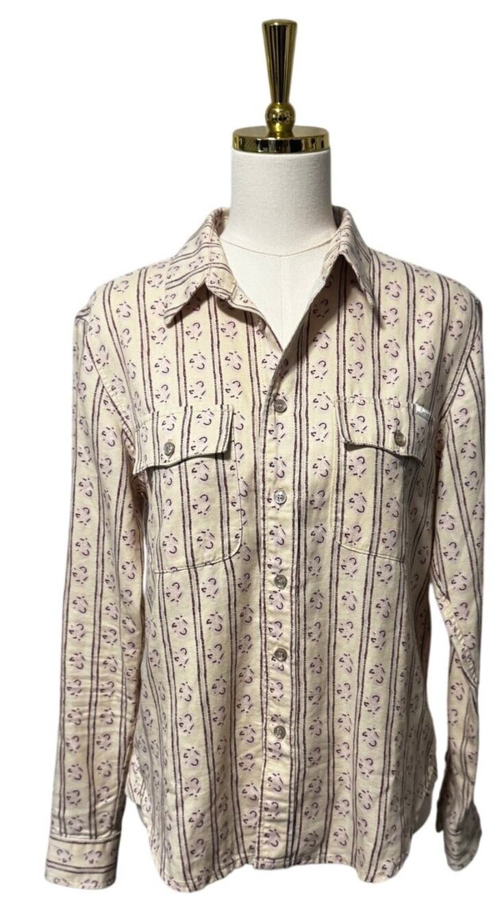 Mother Frenchie Button Up Shirt Cream Plum Stripe Cotton Linen Lyocell Size S